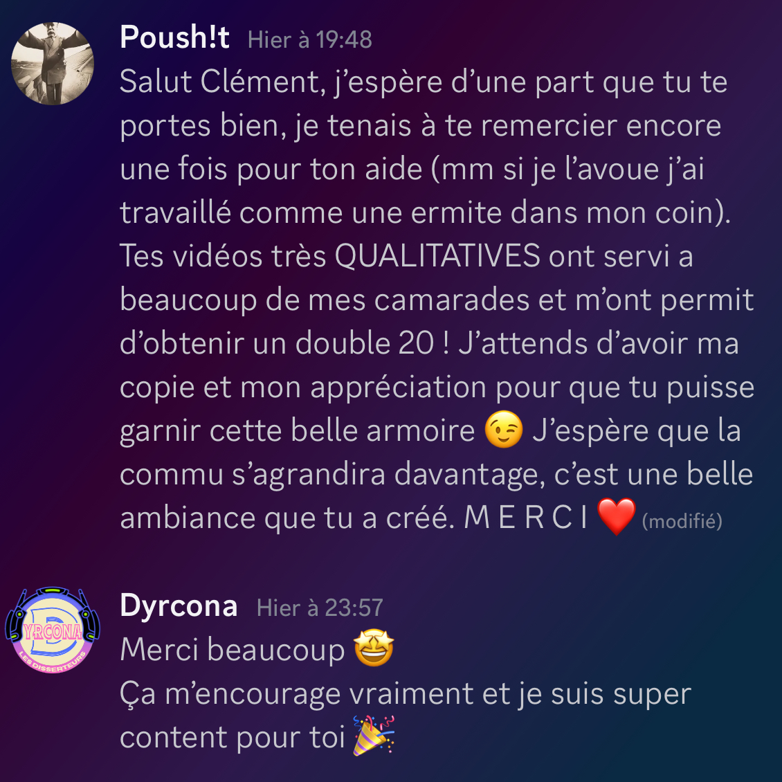 Remerciements après un double 20